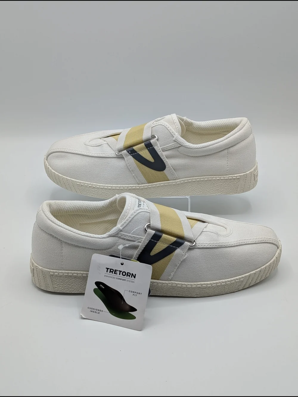 Tretorn Women's 8 White Canvas Sneakers with Yellow & Gray Accent Slip On Nylite